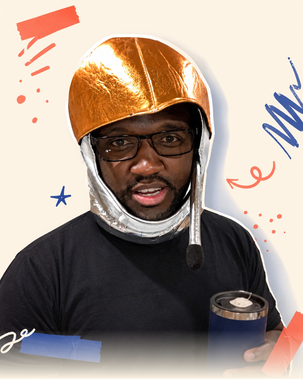 Denvil Lee wearing a gold toy space helmet, cut out among drawn marks.