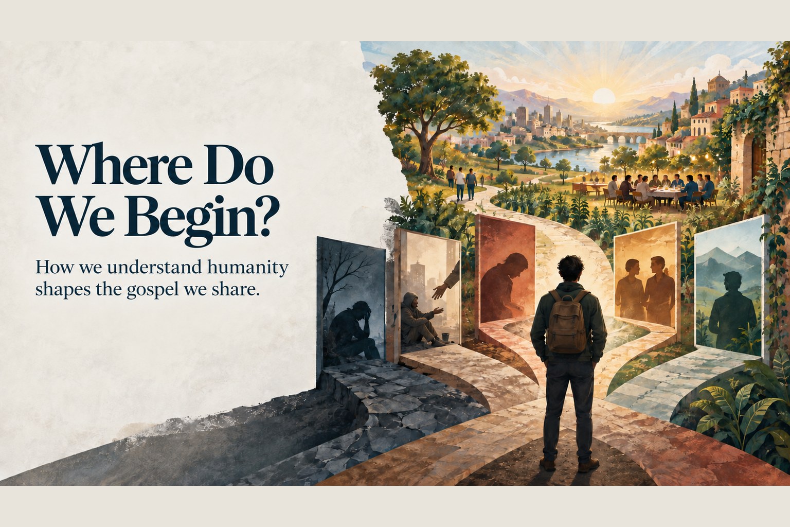 The essay's title card: Where Do We Begin? above the line How we understand humanity shapes the gospel we share, beside a painted scene of a man standing before several doorways that open onto a restored garden city.